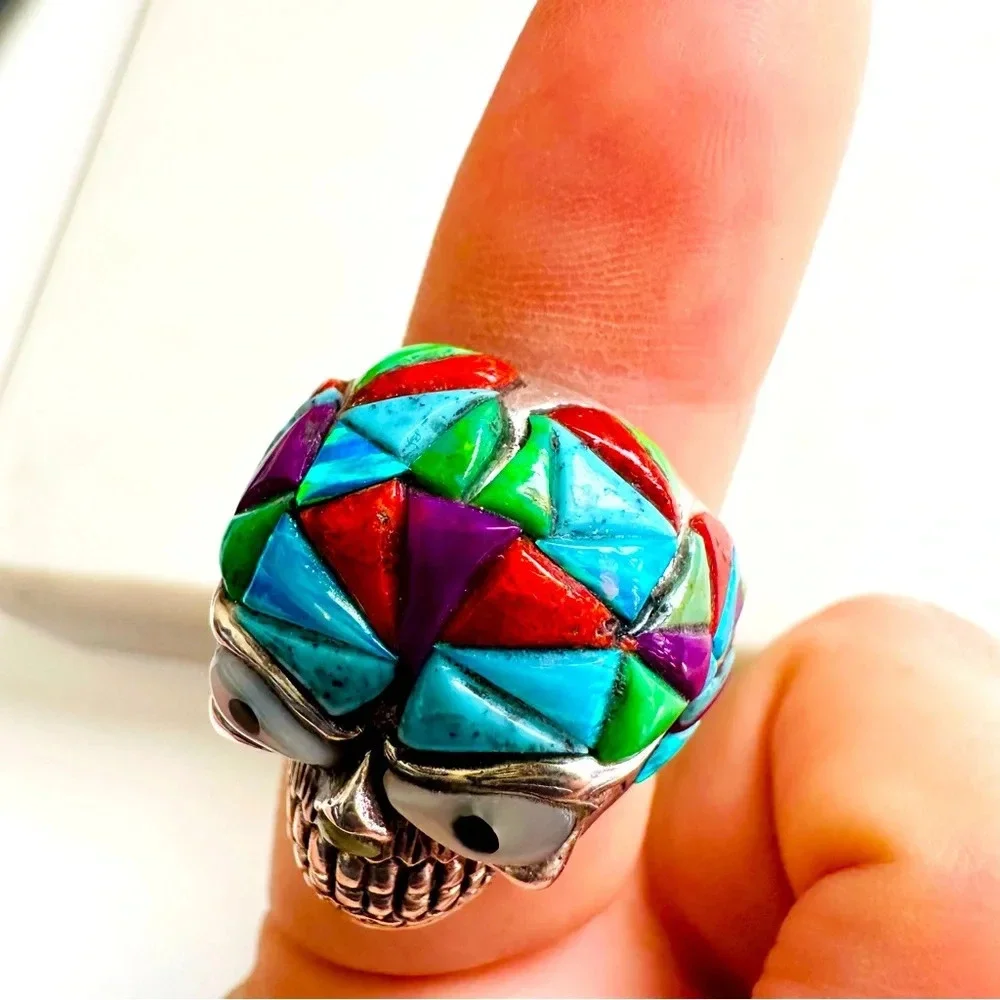 Handmade Sterling Silver & Multi Stone Inlay Skull/Biker/Rocker Ring Size 9.5